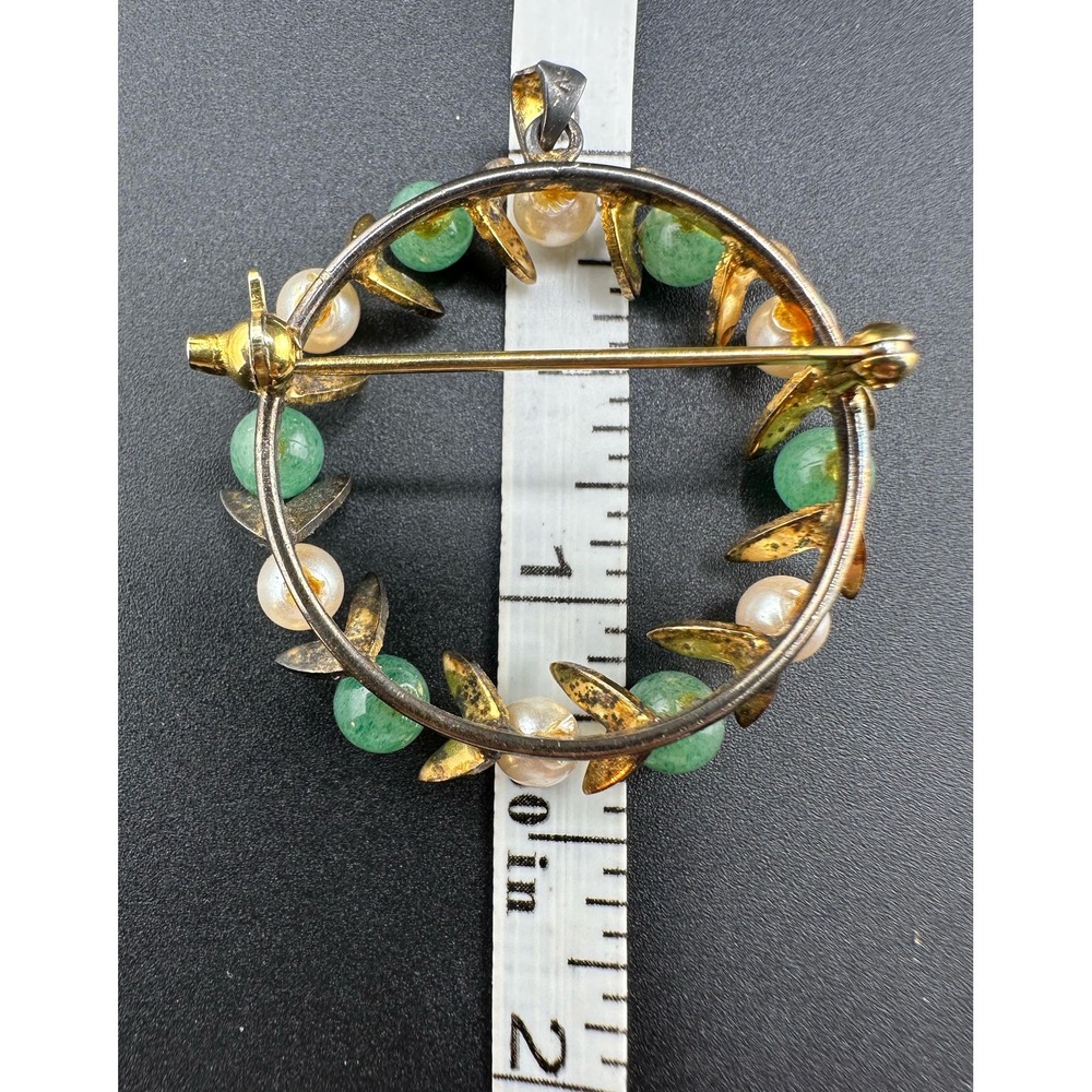 VTG 1940s 1950s Sterling Silver Jade Pearl Wreath Brooch Pendant - Picture 13 of 16
